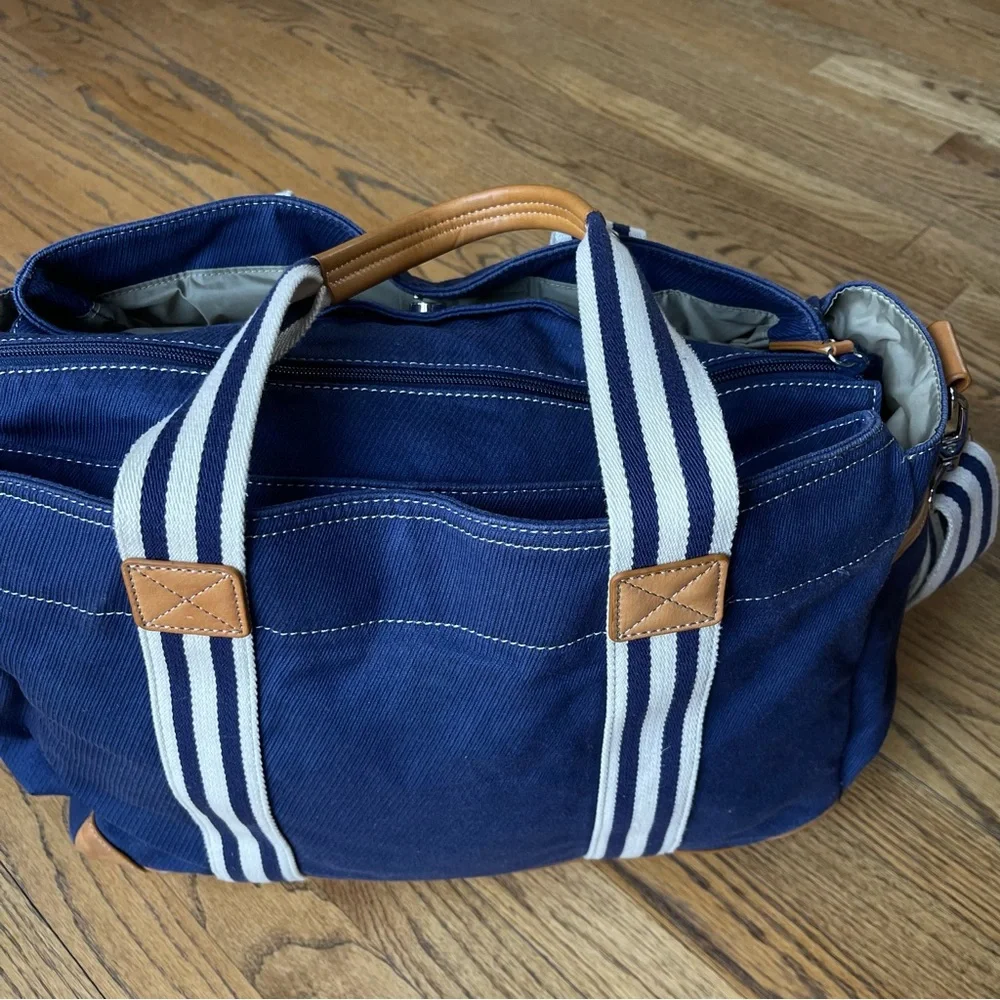 Pottery Barn Classic Diaper Bag with Leather Handles and Trim Monogram C Navy